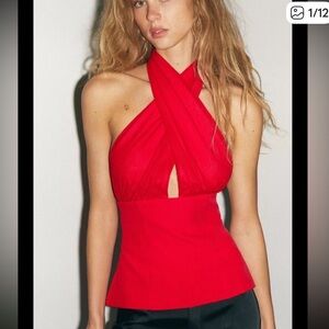 Zara Red Cross Cross Front Halter Top Silk Mesh Backless low cut top